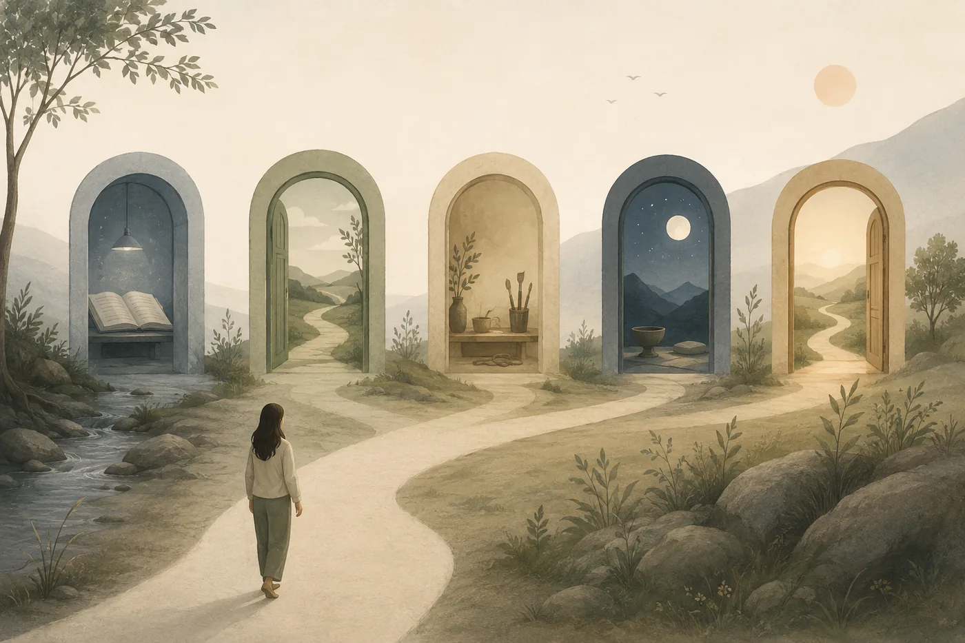 A path leading toward five symbolic doorways, representing the five KRTML recovery doors.