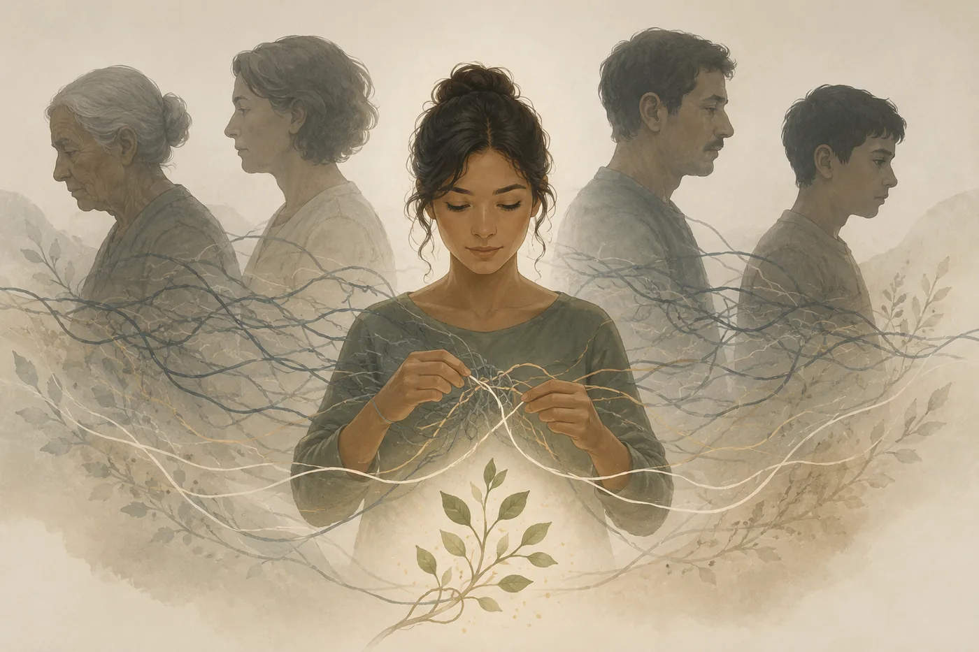 A person untangling threads connected to older family figures, symbolizing intergenerational repair.