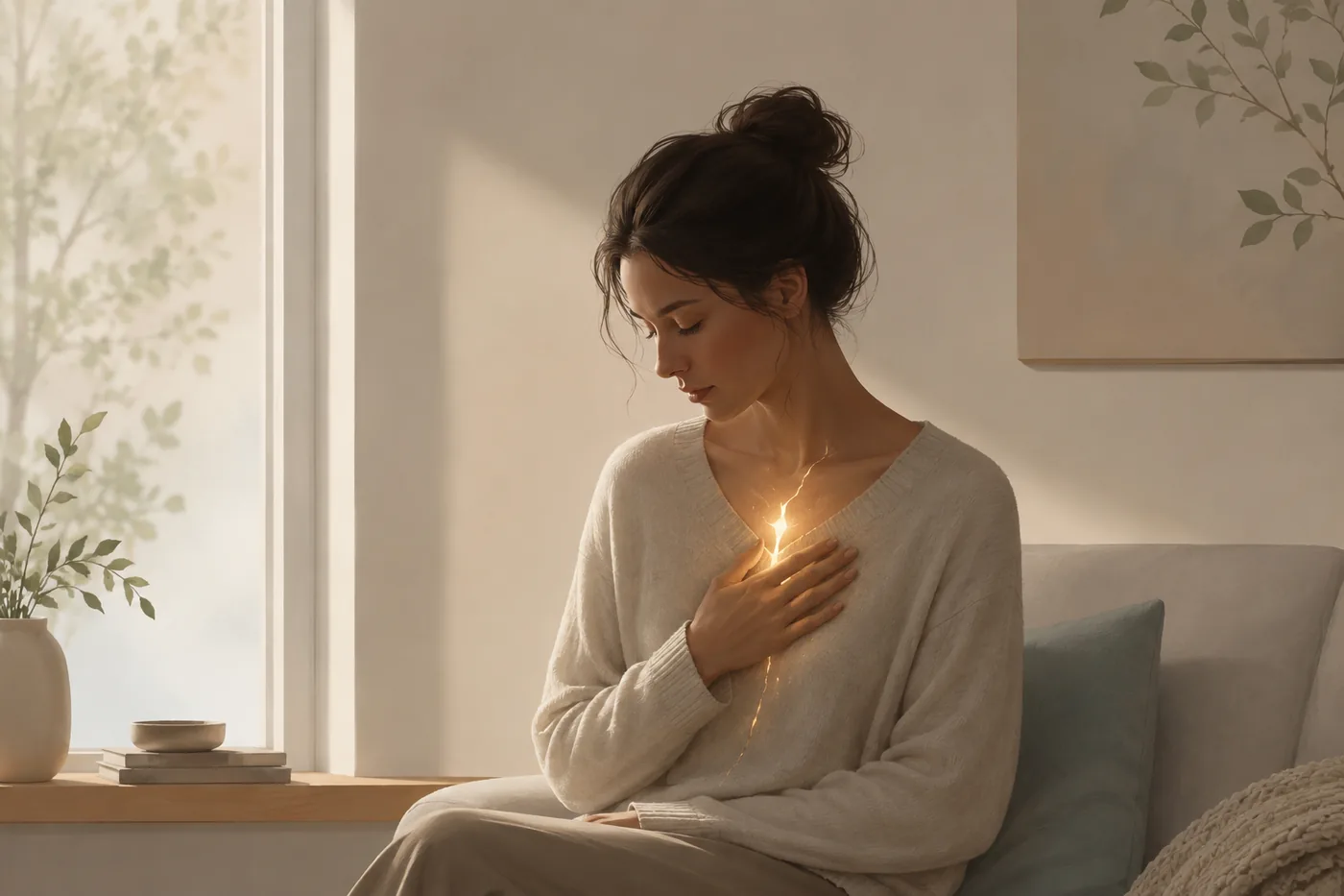 A calm person noticing a subtle inner light at the chest, symbolizing an invisible wound becoming visible.