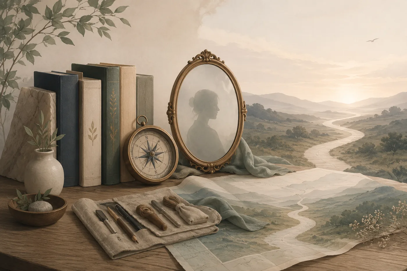 Books, a compass, a mythic mirror, tools, and a road map arranged as a recovery journey kit.