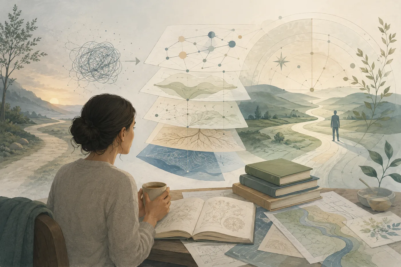 A calm study scene with books, maps, and diagrams becoming clearer, symbolizing Knowledge Context.
