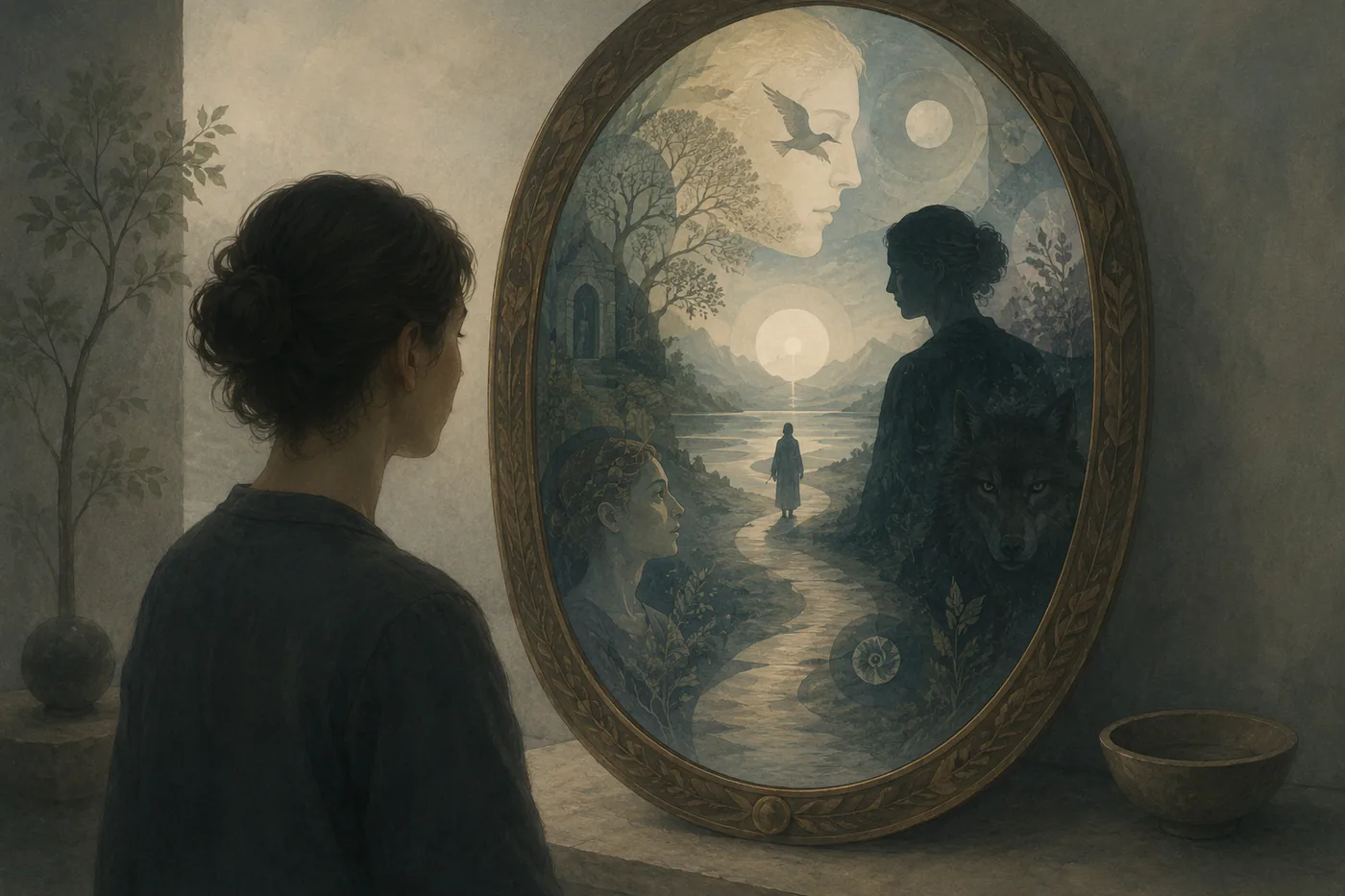 A person viewing a mythic mirror that reflects inner parts, symbols, shadow, and a path, symbolizing safe symbolic distance.