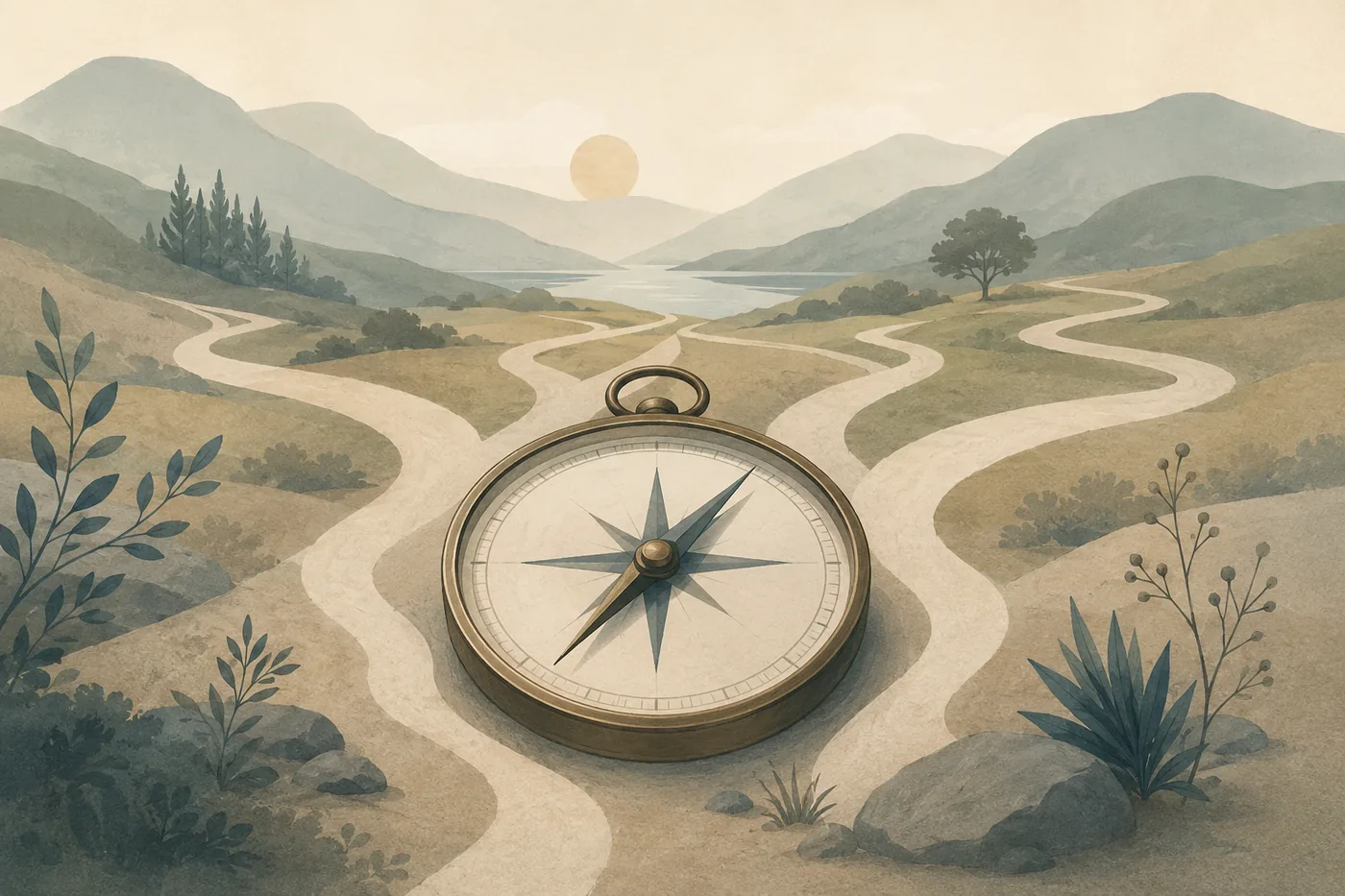A compass resting before many winding paths through a soft landscape, symbolizing recovery orientation.