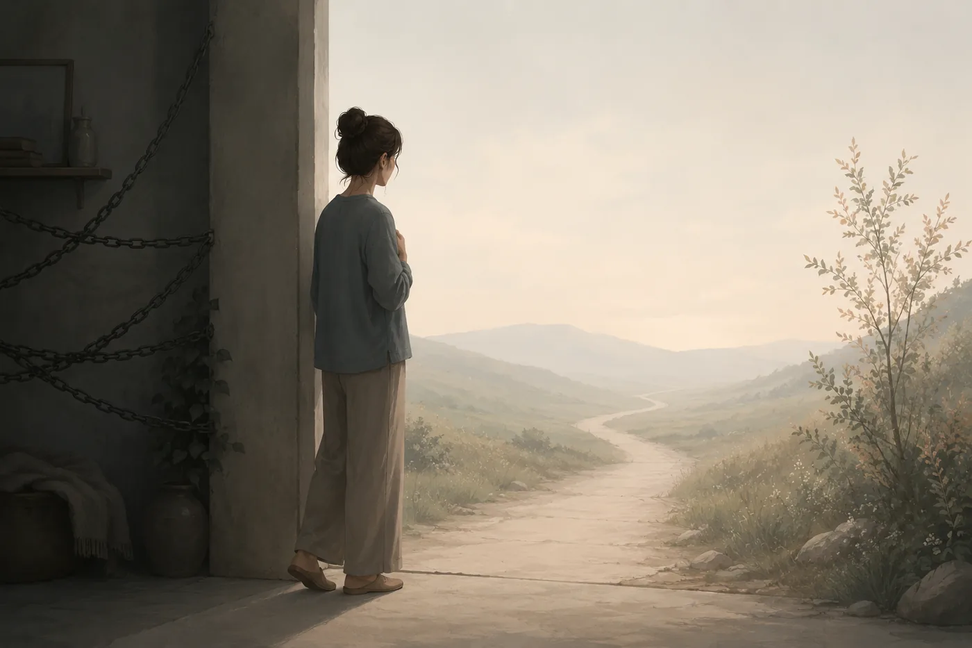 A person standing at a threshold between a constricting interior and an open path, symbolizing hesitation before recovery.