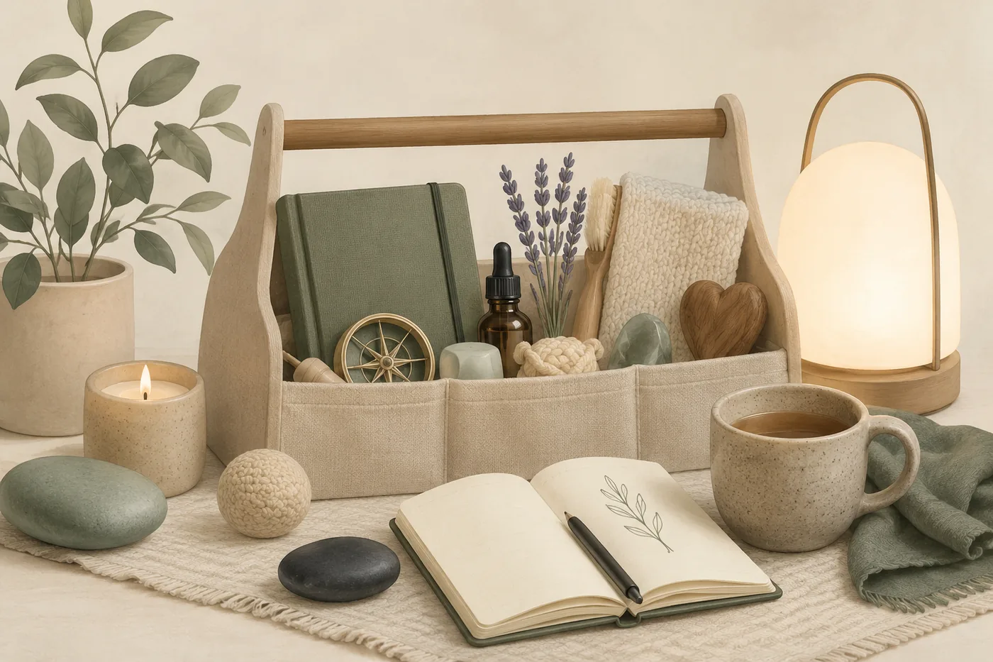 A gentle toolkit with grounding objects, journal, light, and calming items, symbolizing safe practice.