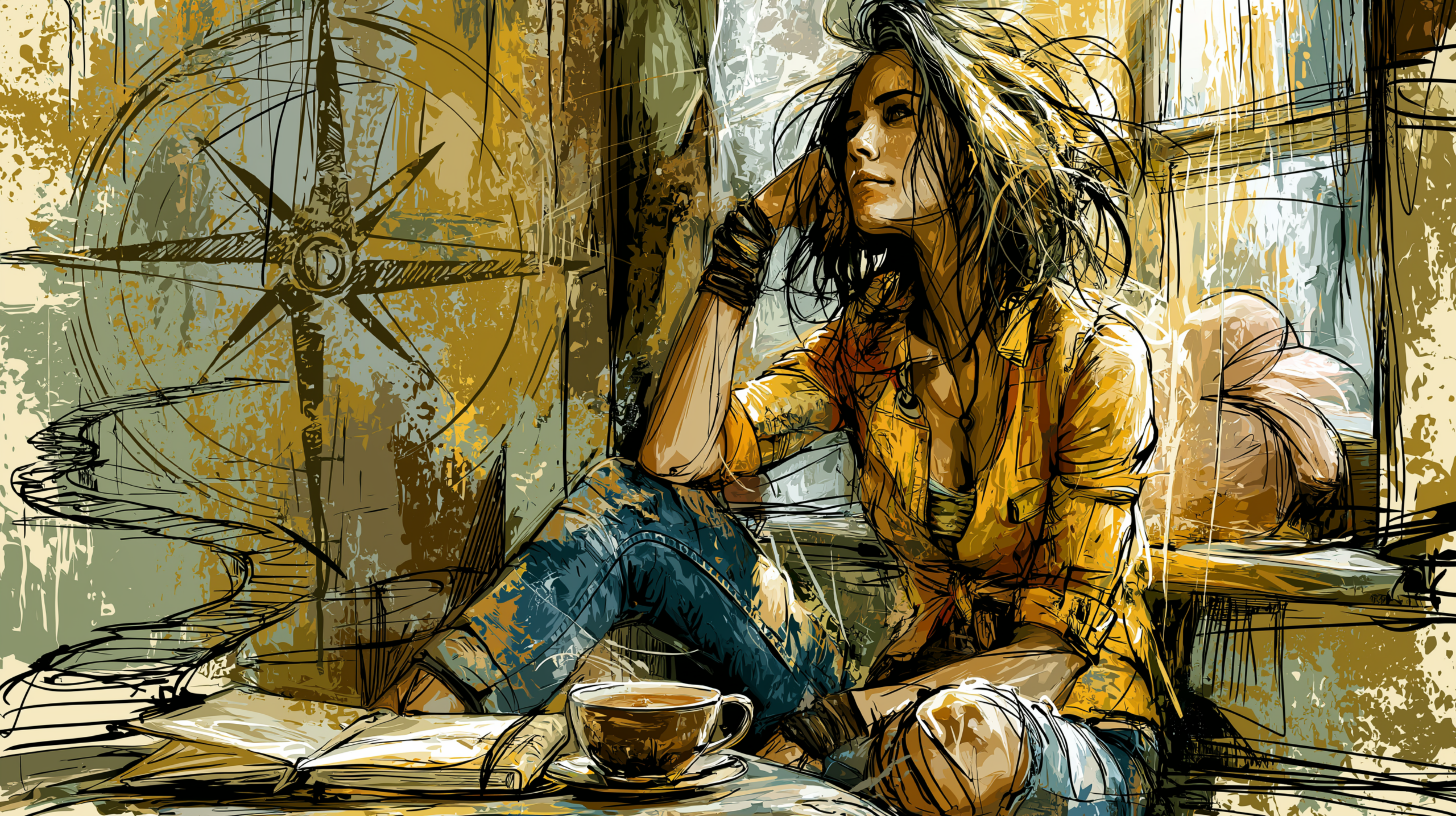 Calm recovery doorway scene with a compass, warm light, and symbolic doorways